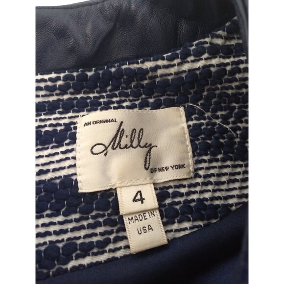 Milly NY USA Women's Dress Blue White Leather Trim Geometric Knit Sheath Size 4 - Picture 7 of 16